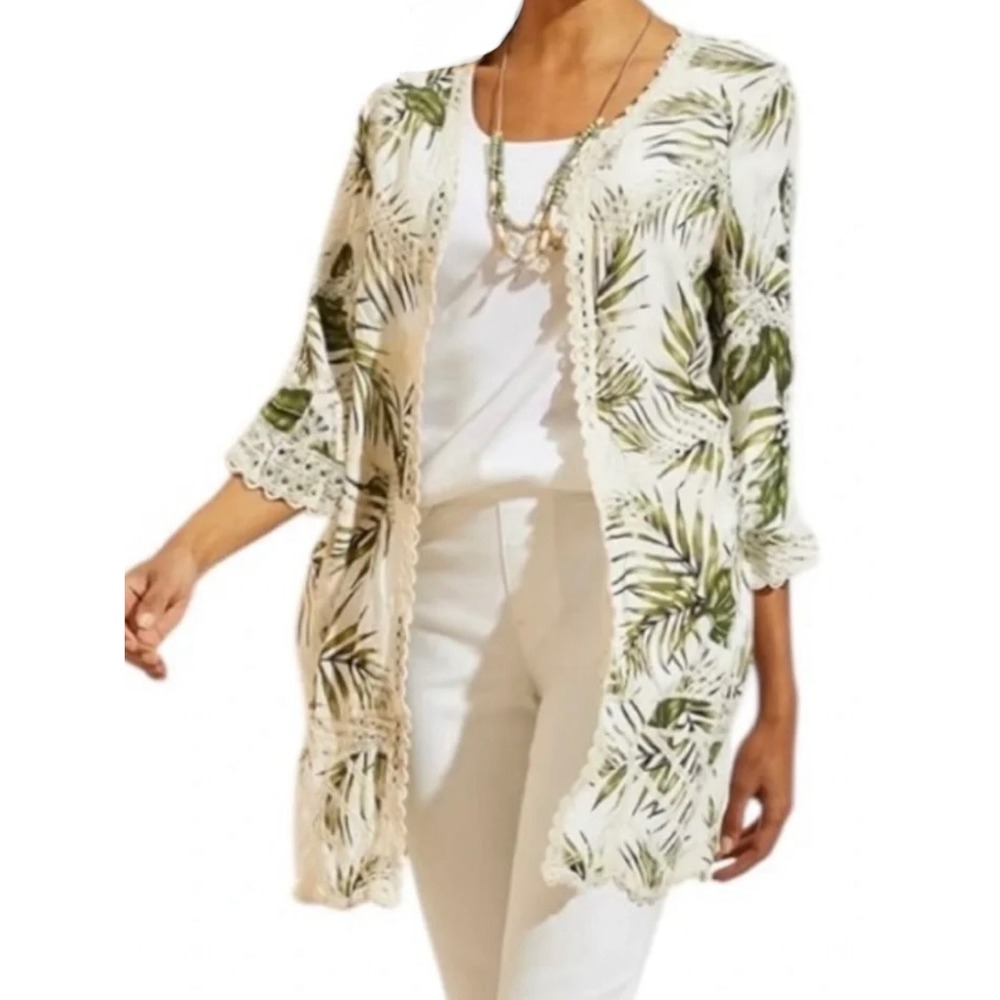 Chico's Palm Leaf Tropical Lace Trim Open Front Duster Cardigan White Green Sz 2